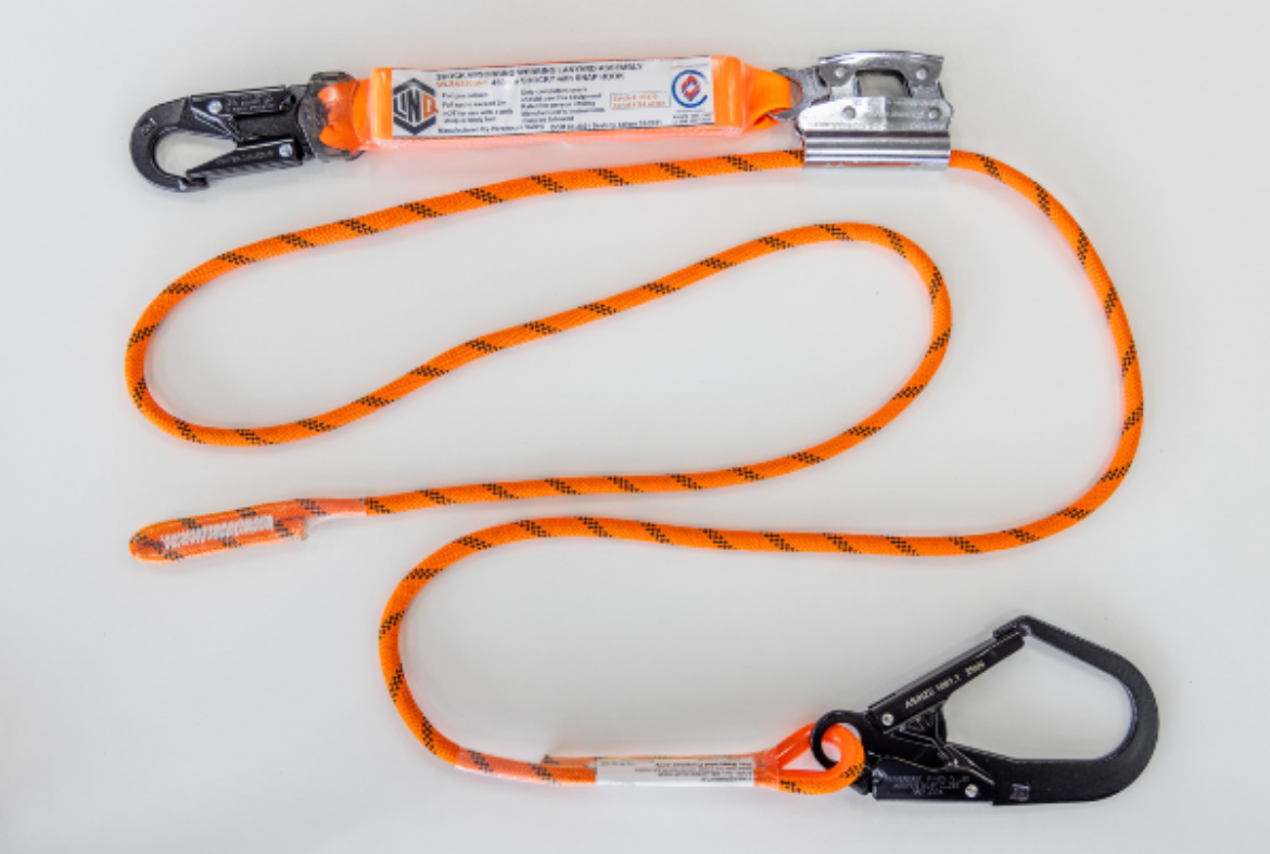 Picture of ROPE KERNMANTLE THIMBLE EYE C/W DOUBLE ACTION SCAFF HOOK, ROPE GRAB 3M WITH PERM ATT 450MM SHOCK PACK & SNAP HOOK