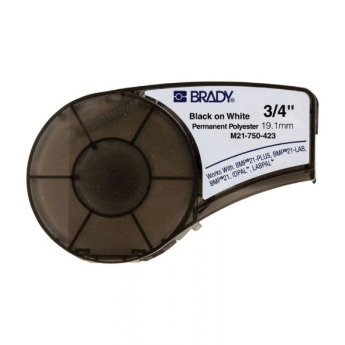 Picture of BMP21 PLUS SERIES B-423 GLOSSY WHITE POLYESTER LABEL TAPE. ALL IN ONE CARTRIDGE 19.05MM X 6.4M