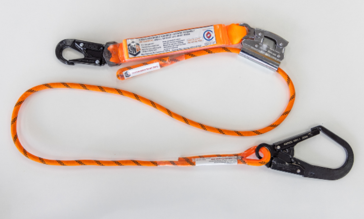 Picture of ROPE KERNMANTLE THIMBLE EYE C/W DOUBLE ACTION SCAFF HOOK, ROPE GRAB 2M WITH PERM ATT 450MM SHOCK PACK & SNAP HOOK