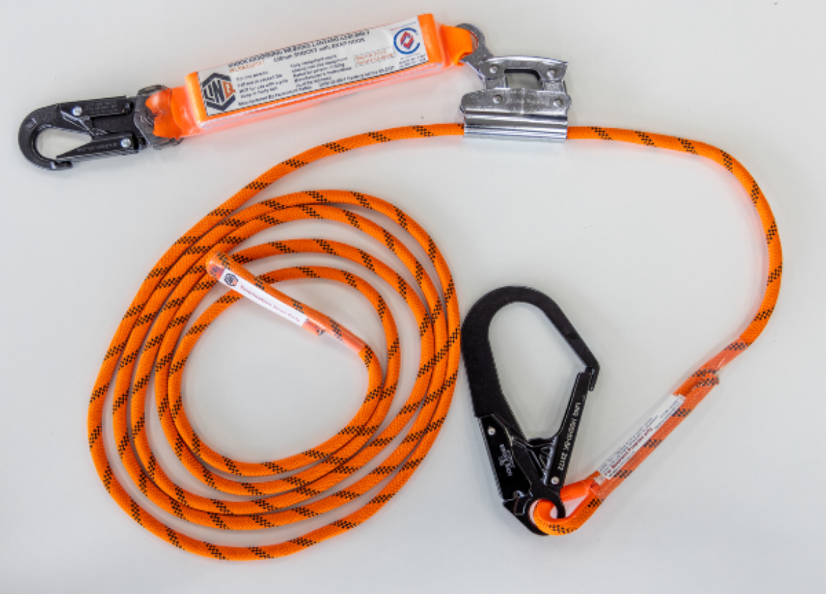 Picture of ROPE KERNMANTLE THIMBLE EYE C/W DOUBLE ACTION SCAFF HOOK, ROPE GRAB 5M WITH PERM ATT 450MM SHOCK PACK & SNAP HOOK