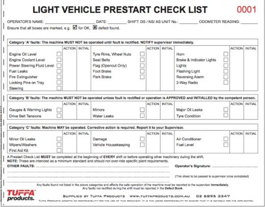 Picture of LIGHT VEHICLE PRESTART CHECKLIST BOOK