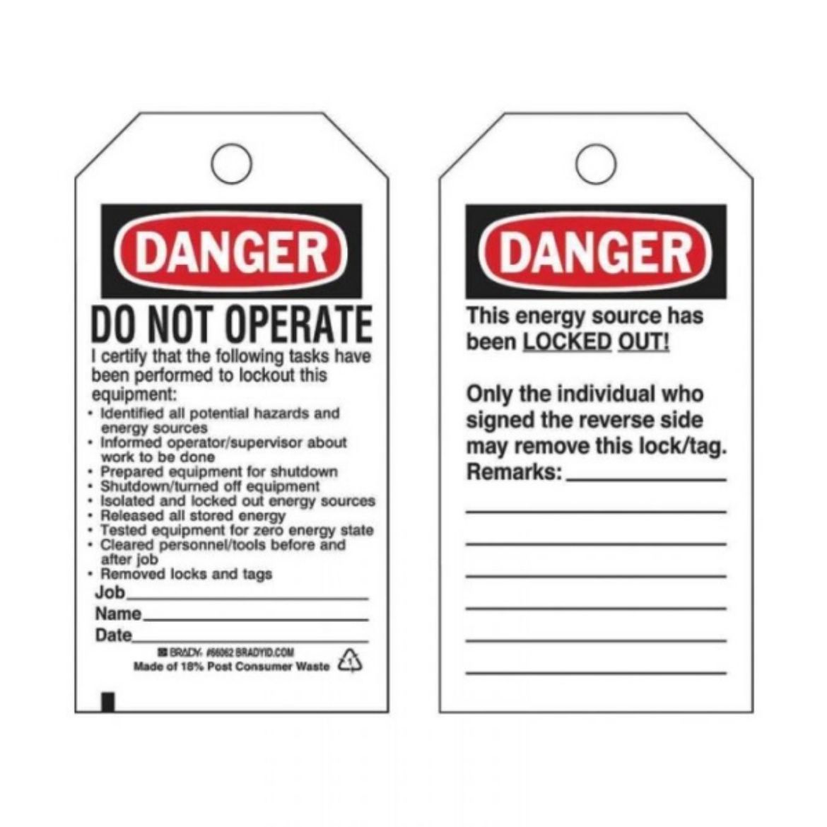 Picture of DANGER DO NOT OPERATE LOCKOUT TAGS - REVERSE SIDE ONLY THE INDIVIDUAL WHO, HEAVY DUTY POLYESTER