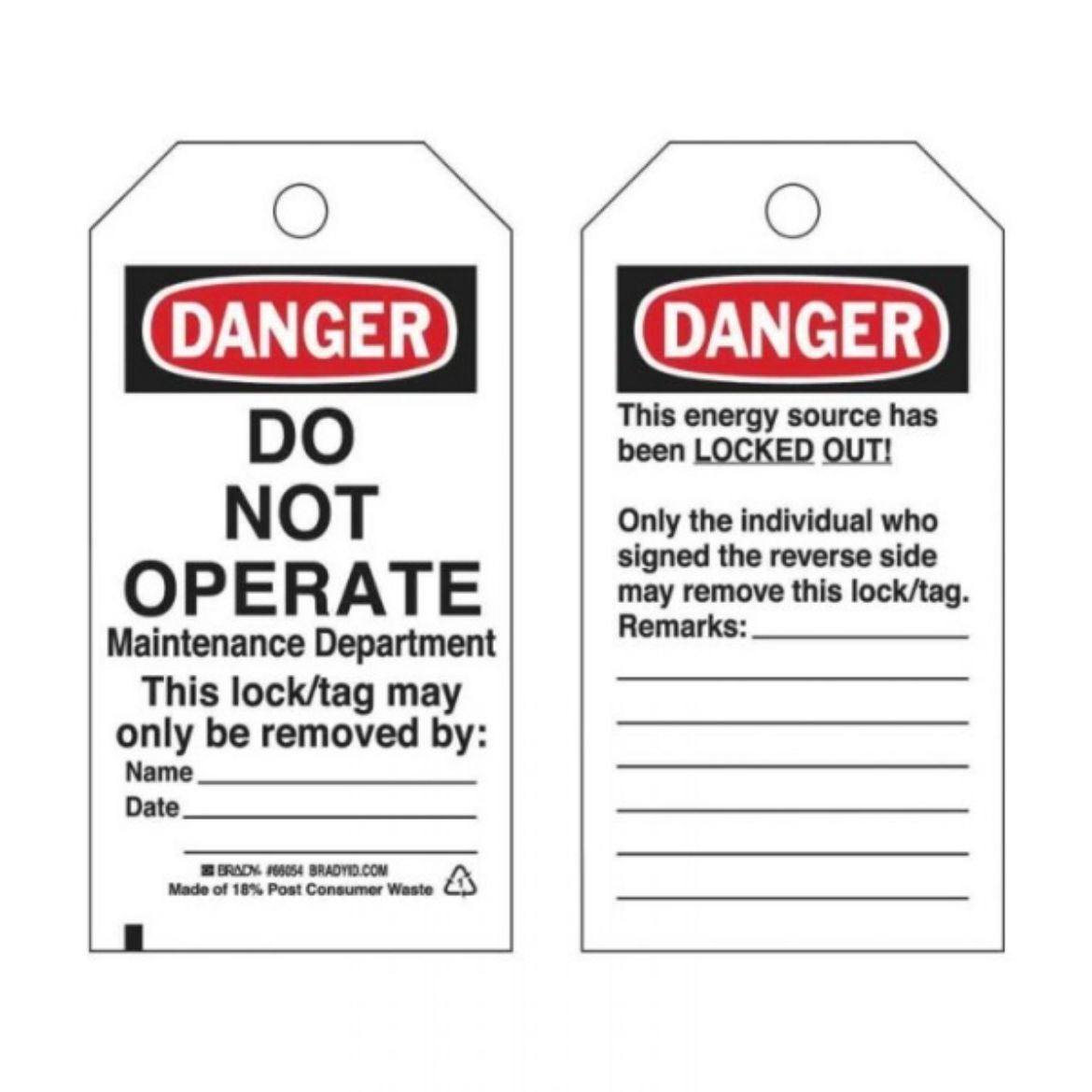 Picture of DANGER DO NOT OPERATE LOCKOUT TAGS - REVERSE SIDE ONLY THE INDIVIDUAL WHO, POLYESTER