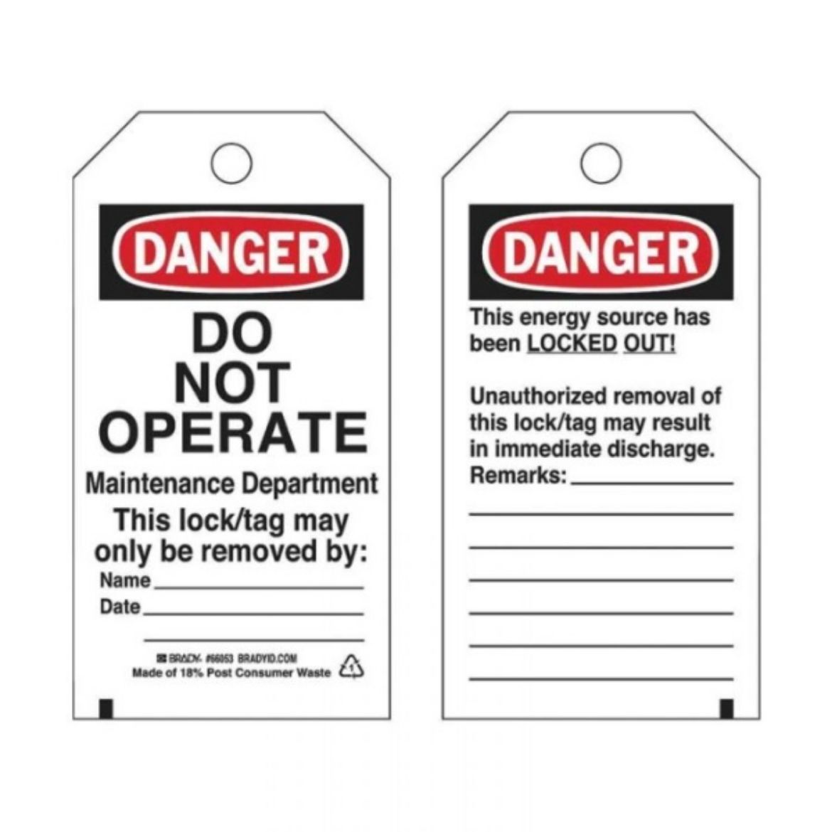Picture of DANGER DO NOT OPERATE LOCKOUT TAGS - REVERSE SIDE UNAUTHORIZED REMOVAL, CARDSTOCK